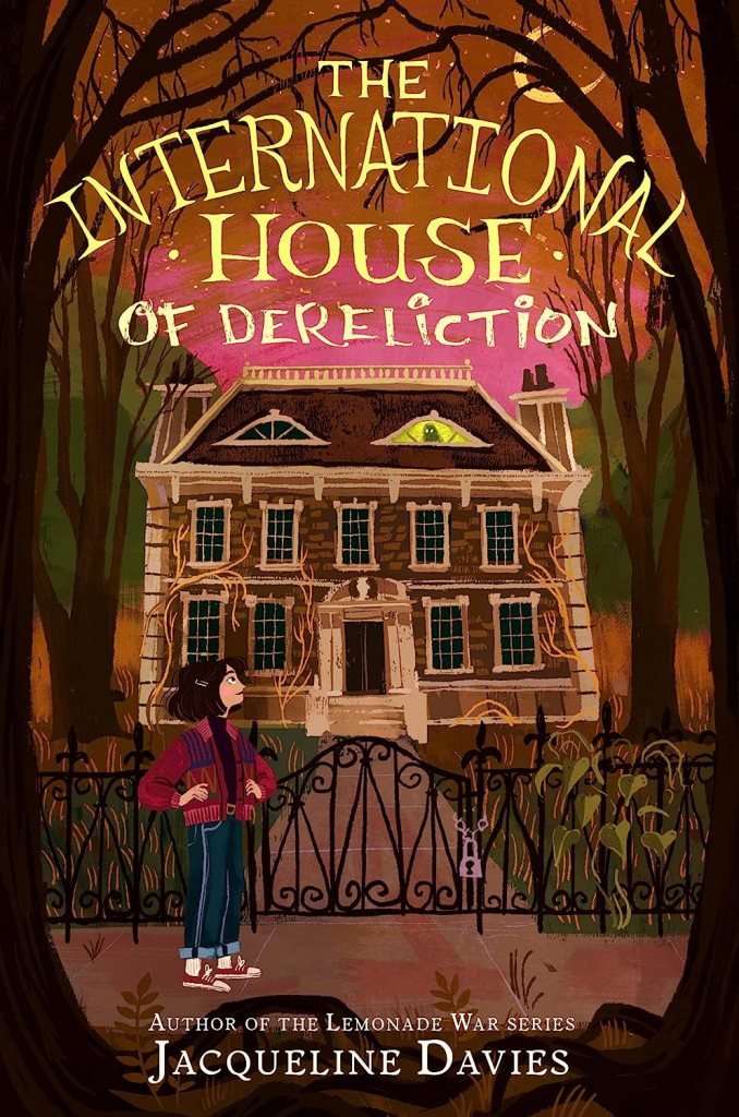 Book cover. A spooky brown brick house seems to look at the young girl with brown hair and a red jacket standing outside of the gate. One window is lit up bright green and strongly resembles an eye.
