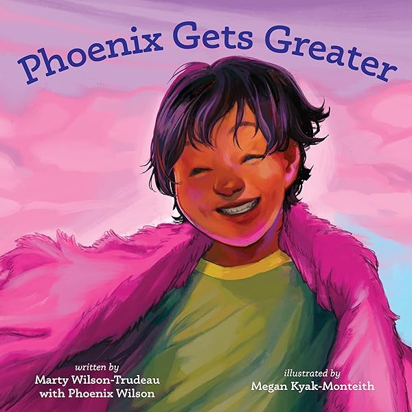 Cover of Phoenix Gets Greater. An Anishinaabe boy smiles brightly. He's wearing a green t-shirt and has a pink fuzzy blanket wrapped around his shoulders.